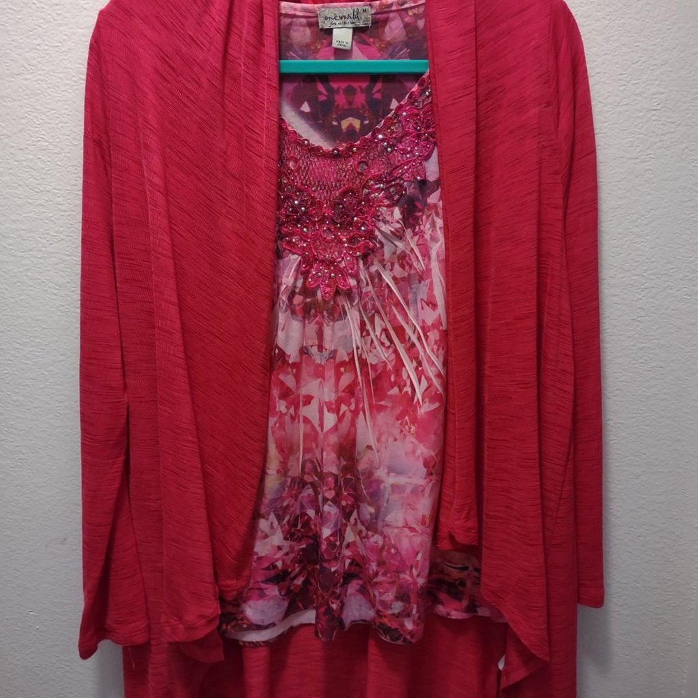 Two Piece Top and Cardigan Set (red and pink)